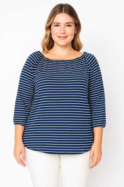 Şans Women's Large Size Navy Blue Striped Tunic with Elastic Collar and Gathering Detail on the Sleeves 65n29608