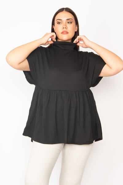 Şans Women's Large Size Black Turtleneck Collar Waist Gathered Low Sleeve Knitwear Blouse 65n29661