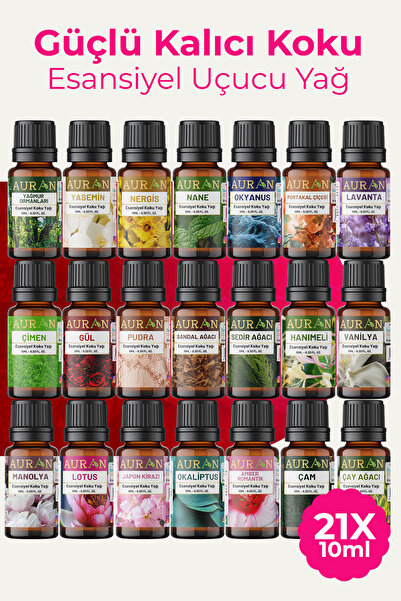AURAN Eko Set Saf Esansiyel Uçucu Yağ Buhurdanlık Yağı Difüzör Esansı Aromaterapi Ortam Koku Yağı 21x 10ml