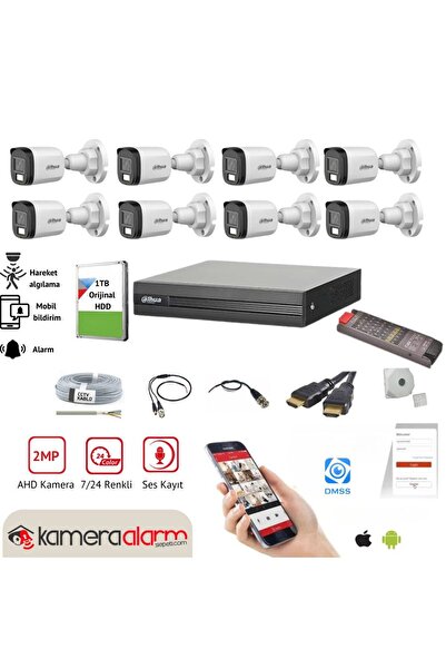 DAHUA 8 Kameralı 7/24 Renkli Görüşlü Dahili Mikrofonlu Güvenlik Kamerası Seti - Uzaktan Izleme - 1tb Hdd
