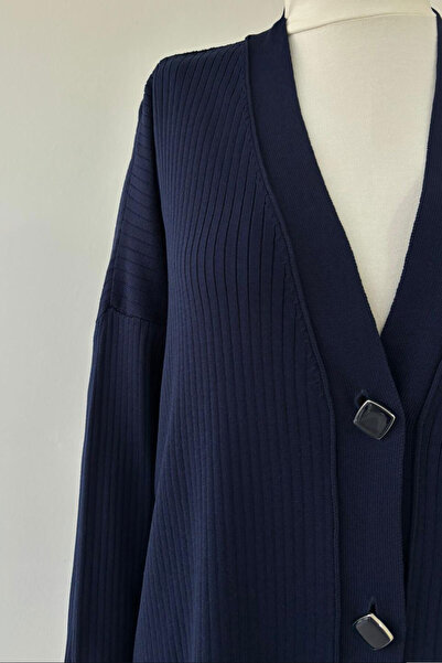 Ka Hijab Button Corded Mercerized Hijab Cardigan - Navy Blue