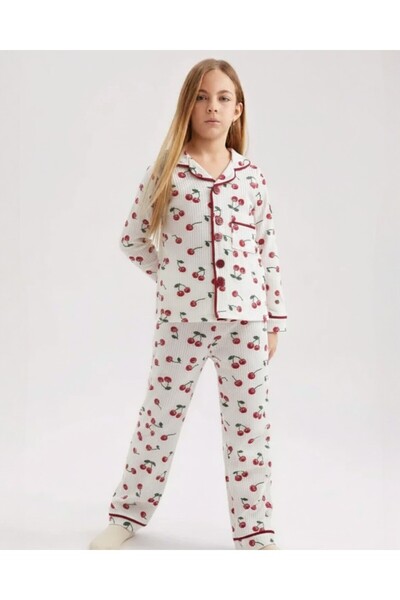 Ege Bebek Girl's Cherry Printed Double-Breasted Collar, Ribbed Seasonal Nightgown Pajama Set 2-6 Years Old