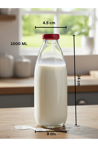 Milea Sızdırmaz Kırmızı Kapaklı Şeffaf Cam Süt Ayran Limonata Meşrubat Sosluk Suluk Şişesi 1000 ml