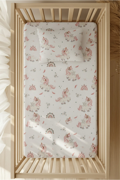 pistore طقم ملاءات سرير مطاطية من القطن بنسبة 100% - سرير بارك بنمط وحيد القرن الوردي مقاس 70x120 35x45