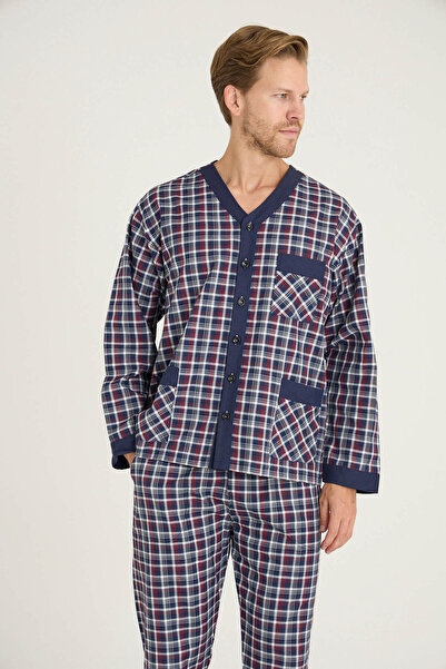 KLY Erkek V. Yaka Bordo Boydan Düğmeli Pijama Takımı Konforlu Uyku