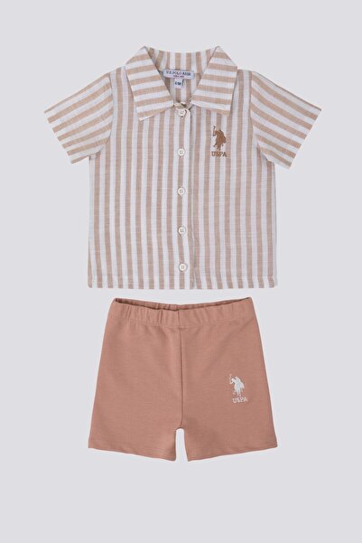 U.S. Polo Assn. طقم تي شيرت بيبي مخطط بياقة بولو باللون البيج الحساس