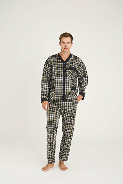 KLY Ανδρικό σετ πιτζάμες με πράσινο λαιμόκοψη και κουμπιά στο πάτο