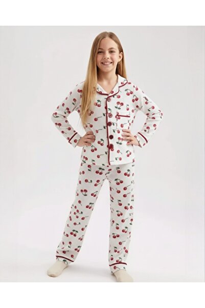 Ege Bebek Girl's Cherry Printed Double-Breasted Collar, Ribbed Seasonal Nightgown Pajama Set 2-6 Years Old