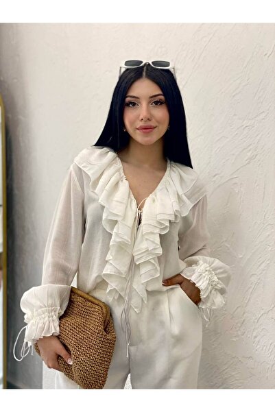 DİMA Μακρυμάνικη μπλούζα με βολάν στο γιακά και τα μανίκια