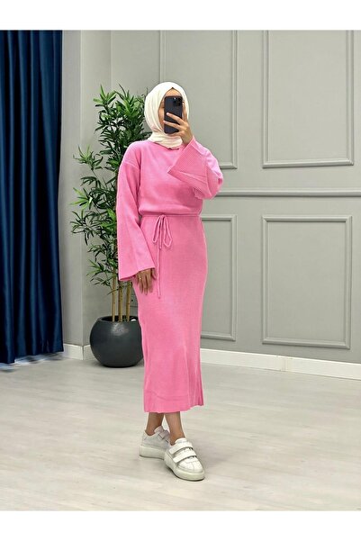MY QILAM Triko Uzun Elbise Yarasa Kol Tesettür Elbise Pempe Standart Beden (36/44 Arasi)