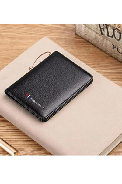 William Polo محفظة بطاقات للرجال من الجلد الطبيعي الإيطالي مصنوعة باللون الأسود الكلاسيكي الفاخر