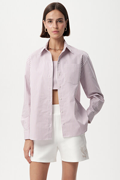 Allyco Çizgili Cepli Uzun Kol Regular Lila Gömlek