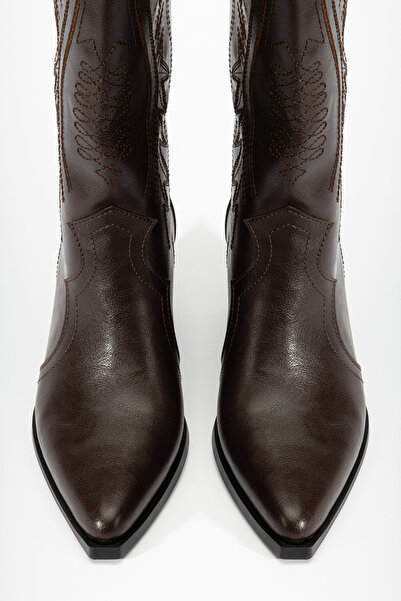 DENORA Hnědé vyšívané kožené kovbojské boty - Hořká tmavá matná