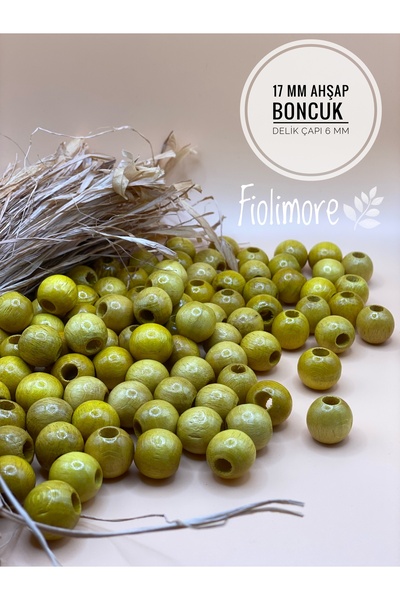 Fiolimore 17 mm Sarı Ahşap Boncuk (50 Gr 32 Adet)Geniş Delik Çapı 6 mm Makrom...