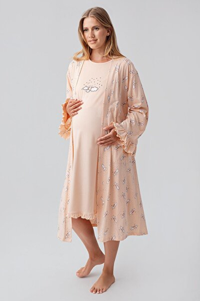 Artış Long Sleeve Patterned Stretchy Cotton Maternity Dressing Gown Nightgown Set