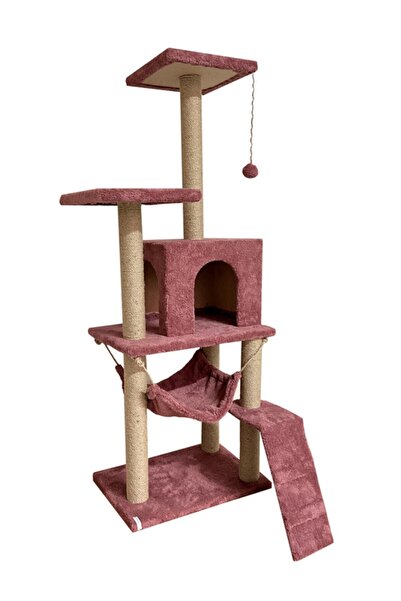 Nursoft B-07 Hamaklı Yuvalı Lüx Kedi Tırmalama Oyun Evi- Gül Kurusu