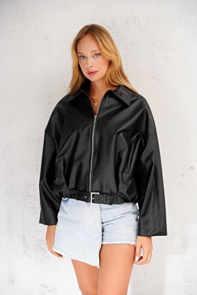 İLKCET MODA Γυναικείο μπουφάν Oversize με ζώνη σε μαύρο χρώμα