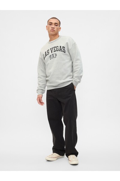 GAP Erkek Gri Logo Grafikli Relaxed Fleece Sweatshirt