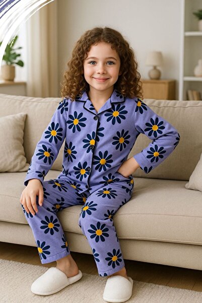 Nex Moda Çiçek Desenli Mor Kız Çocuk Pijama Takımı