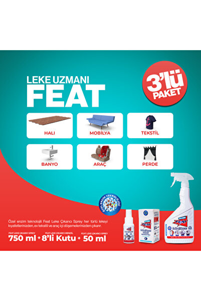 Feat Leke Çıkarıcı Mendil 8’li + Feat Leke Çıkarıcı Sprey 50 ml + Feat Leke Çıkarıcı Sprey 750 ml