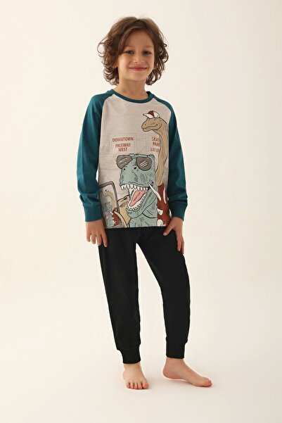 Rolypoly Dinosaur Gri Yeşil Erkek Çocuk Uzun Kol Pijama Takım