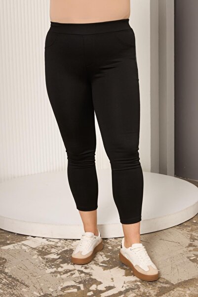 RMG Large Size Black Leggings Pants with Leather Garnish