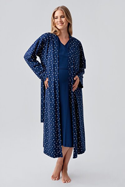 Artış Long Sleeve Patterned Stretchy Cotton Maternity Dressing Gown Nightgown Set