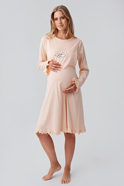 Artış Long Sleeve Patterned Stretchy Cotton Maternity Dressing Gown Nightgown Set