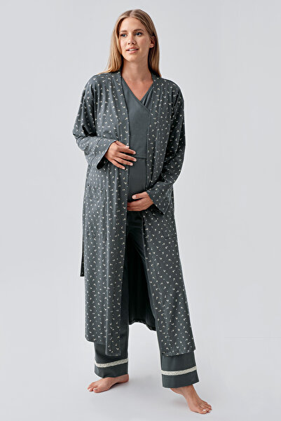 Artış Uzun Kollu Desenli Esnek Pamuklu Hamile Sabahlık Pijama Takım