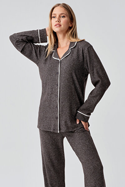 Artış Uzun Kollu Düğmeli Esnek Yumuşak Dokulu Viskoz Pijama Takım