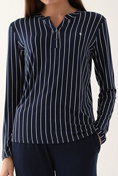 Pierre Cardin White Lines Lacivert Kadın Uzun Kol Pijama Takım