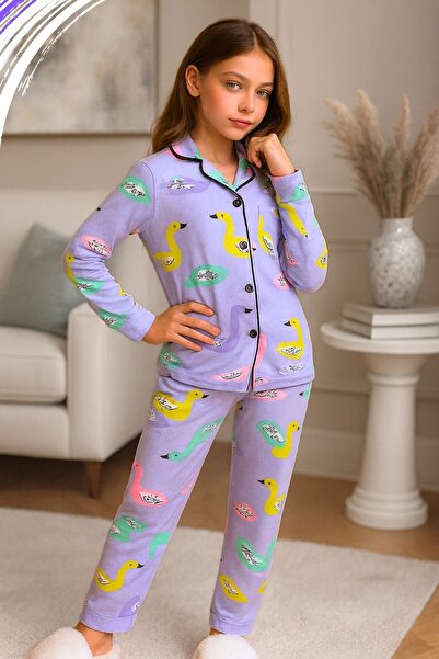 Nex Moda Kuğu Desenli Lila Kız Çocuk Pijama Takımı