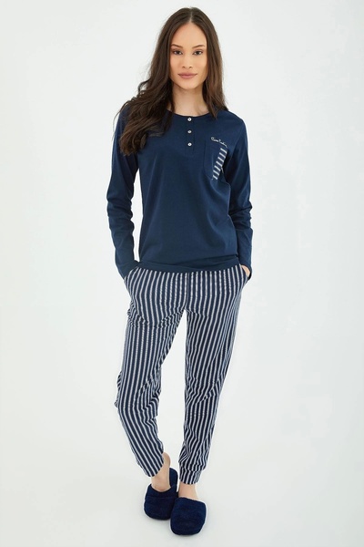 Pierre Cardin Ριγέ Σκούρο Μπλε Γυναικείο Σετ Πιτζάμες με Μακριά Μανίκια