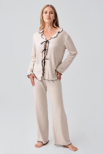 Artış Long Sleeve Ribbon Tie Bow Viscose Pajama Set