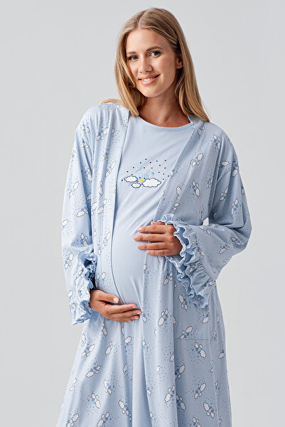 Artış Long Sleeve Patterned Stretchy Cotton Maternity Dressing Gown Nightgown Set