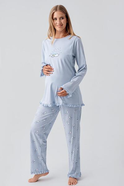 Artış Long Sleeve Patterned Stretchy Cotton Maternity Dressing Gown Pajama Set