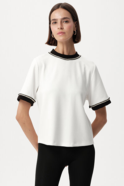 Allyco Crew Neck Knitted Stripe Detailed Regular Knitted Ecru T-Shirt