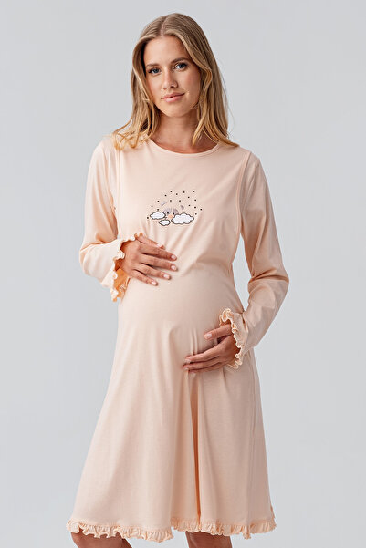 Artış Long Sleeve Patterned Stretchy Cotton Maternity Dressing Gown Nightgown Set