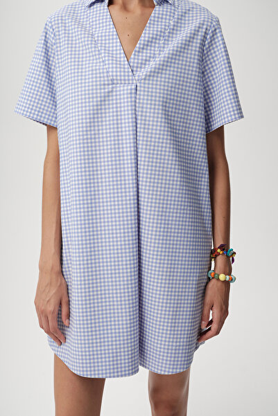 Allyco Rochie cămașă cu mânecă scurtă cu decolteu în V, albastru, alb