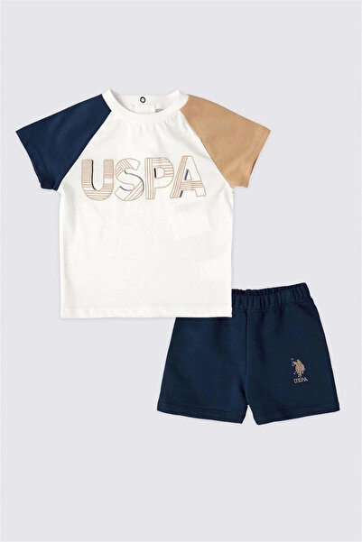 U.S. Polo Assn. طقم تي شيرت بأكمام قصيرة للأطفال الأولاد مكون من قطعتين كريمي...