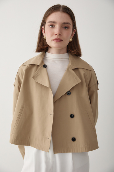 JASTE Kadın Bej Kruvaze Yaka Trençkot