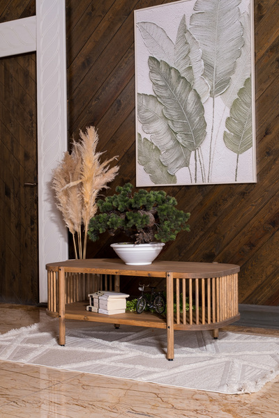 woodbaba Masif Ahşap Orta Sehpa Koyu Ceviz 114x60 cm Oval Çıtalı Rustik Moder...