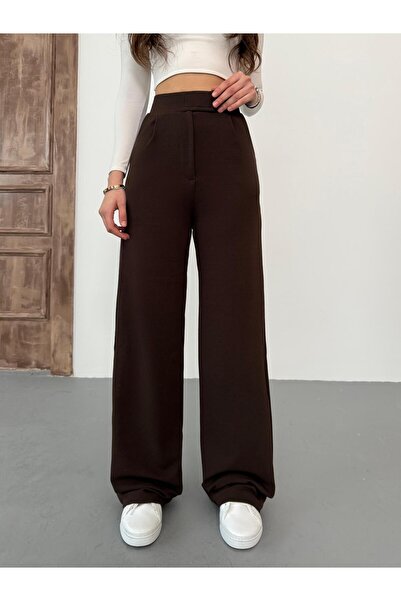 BİKELİFE Dámské hnědé kalhoty Palazzo se zapínáním na suchý zip s lycrou širokými nohama