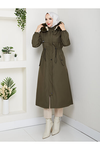 RACE FASHİON Tesettürlü Belden Lastikli İçi Kürklü Kapşonlu Bondit Mont RC1205002