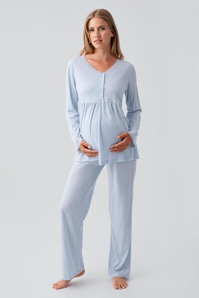 Artış Long Sleeve Buttoned Stretchy Viscose Maternity Dressing Gown Pajamas Set