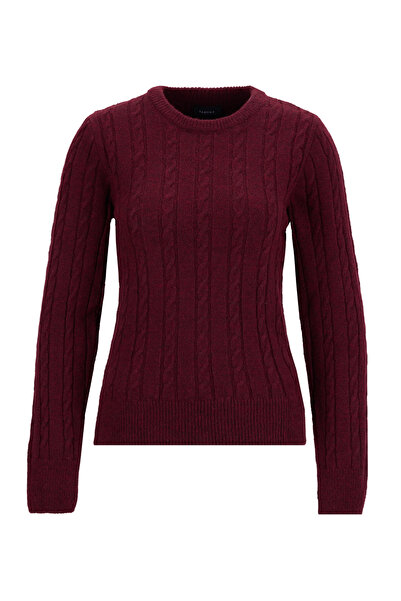 Fabrika Bisiklet Yaka Basic Saç Örgü Desenli Bordo Kazak Kadın F5WL-KZK0255