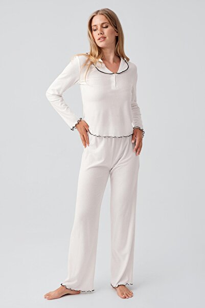 Artış Long Sleeve Buttoned Ruffle Stitching Viscose Pajama Set