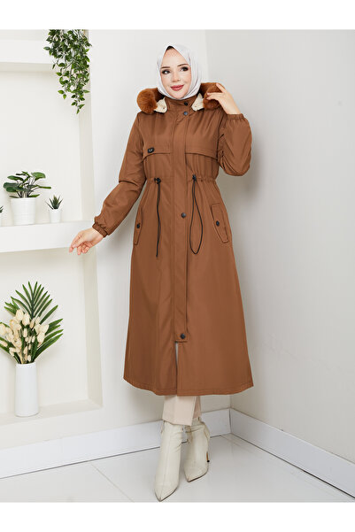 RACE FASHİON Bondit Coat with Hood, Elastic Waist and Fur Lining for Modest Wear Rc1205002
