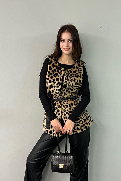 lizge giyim Leopard Fur Vest with Waist Birds