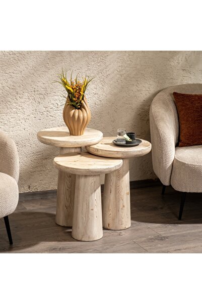 woodbaba Beyaz Mantar Form Zigon Sehpa – 3’lü Masif Ahşap, Rustik Bohem Tarz ...